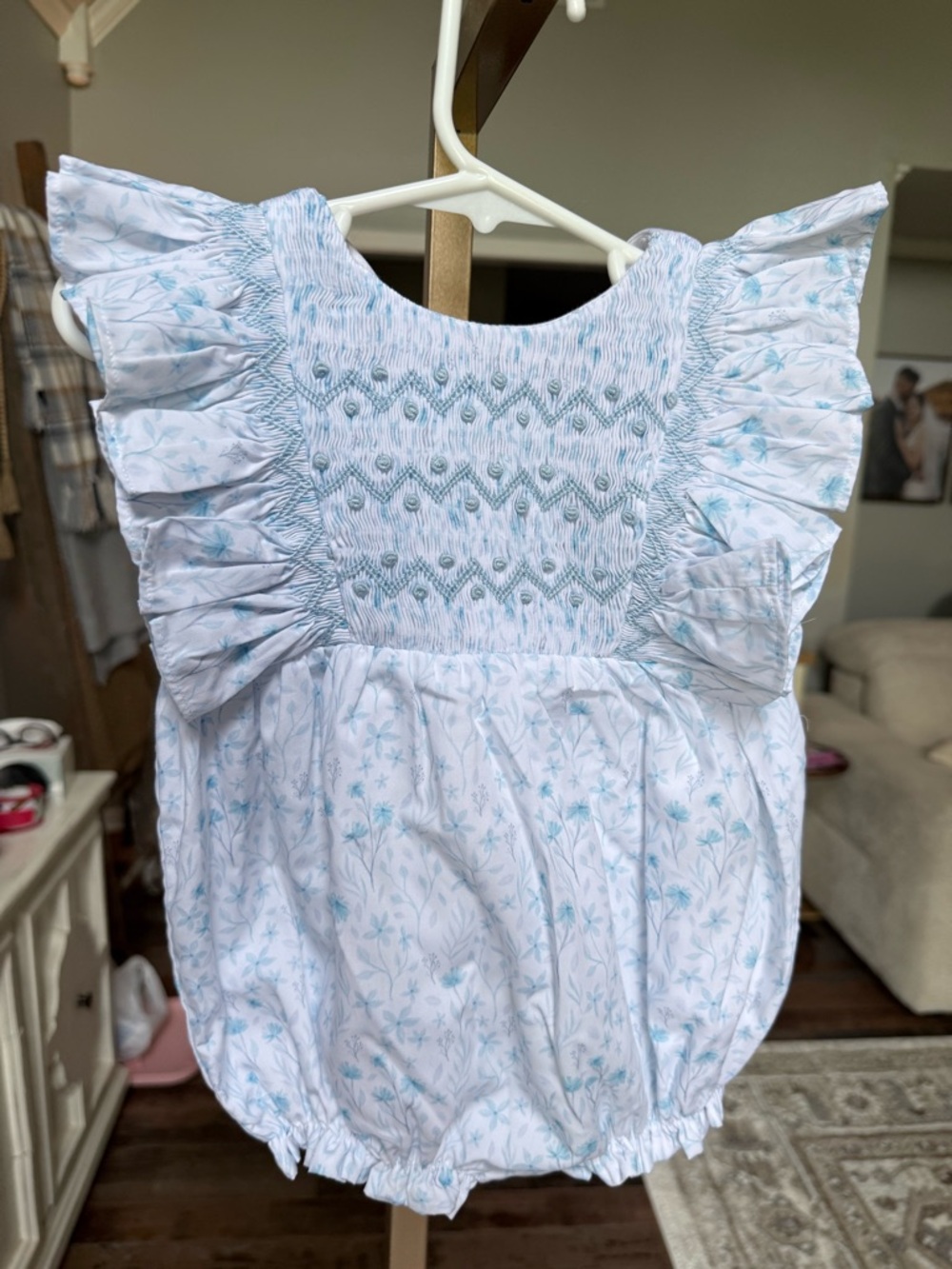 Smocked Floral Ruffle One-Piece in Light Blue - Kids